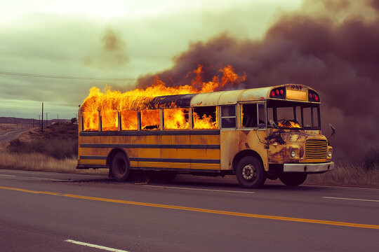 School bus burning in the road. generative AI