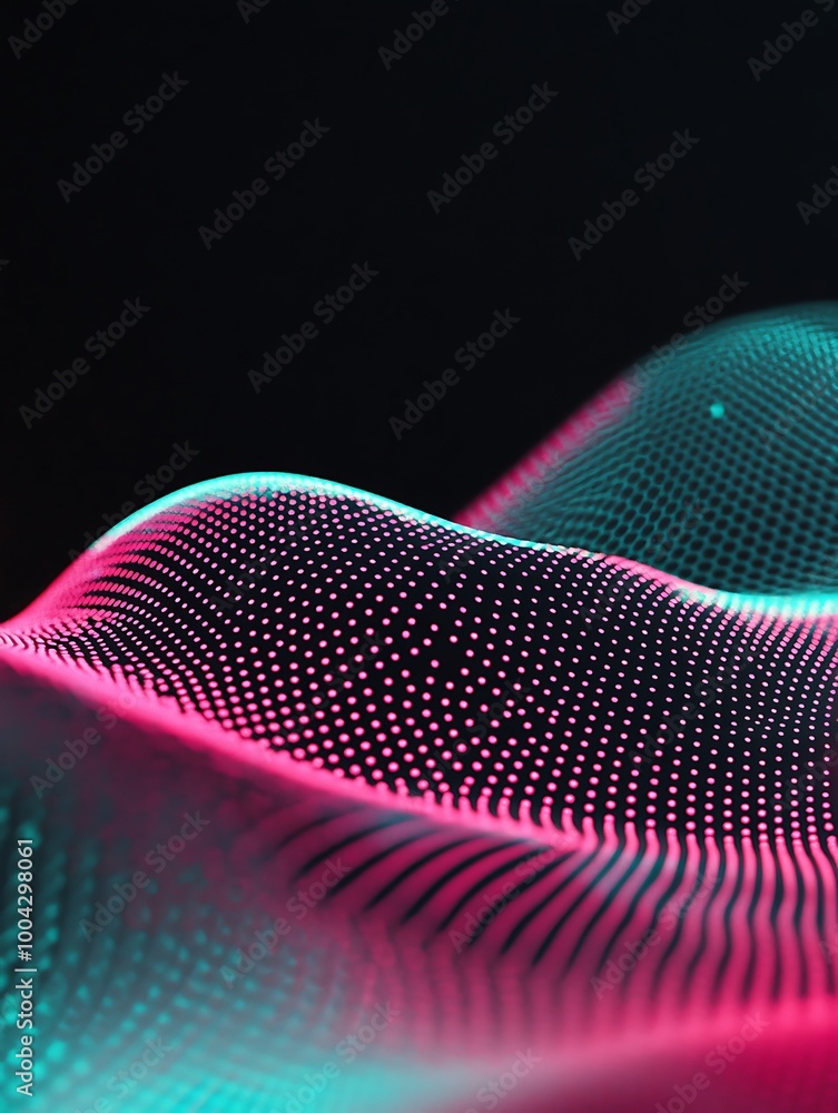 Poster an abstract digital wave pattern showcasing vibrant neon colors on a dark background. a minimalist p