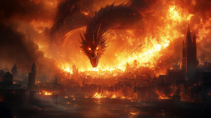 Majestic Dragon Unleashing Fire Over Medieval City in Epic Battle Scene
