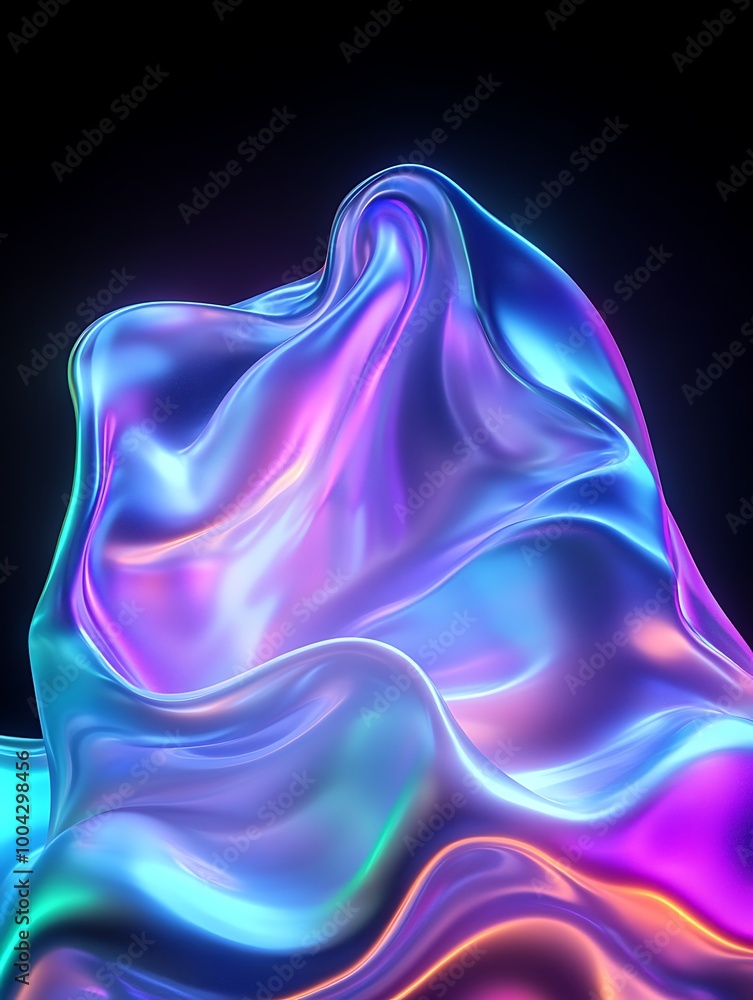 Poster an abstract wave of colorful, flowing material with illuminated effects, set against a dark backgrou