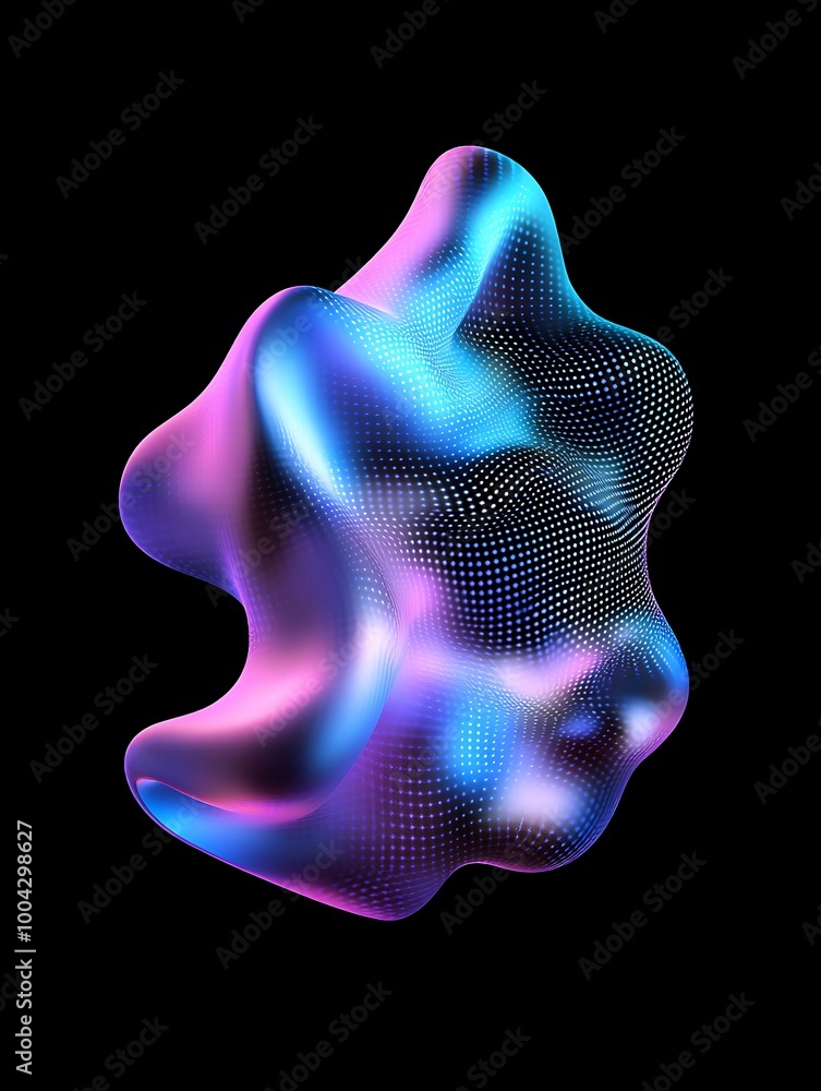 Poster Colorful 3D abstract shape with glowing elements against a black background. A minimalist poster in metallic and chrome gradient style.