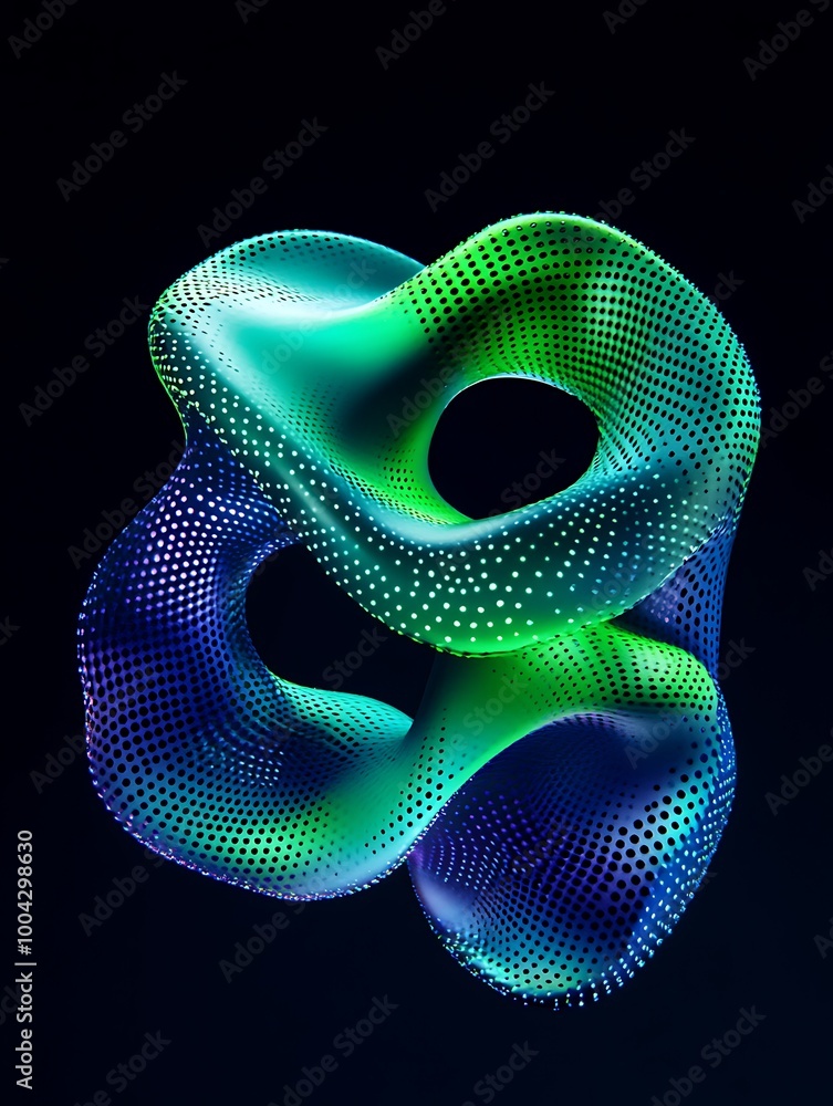 Poster colorful 3d abstract shape with glowing dots and smooth curves on a dark background. a minimalist po