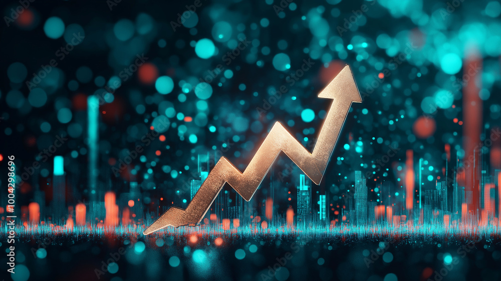 Poster a winding arrow pointing upwards from left to right, a large winding arrow pointing upwards, a golde