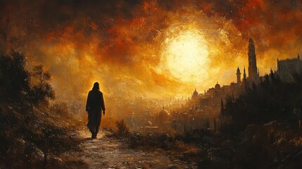 Fototapeta premium revelation of jesus christ depicted in a stunning backdrop of ancient jerusalem capturing the essence of biblical history with rich textures and warm colors evoking a sense of spirituality