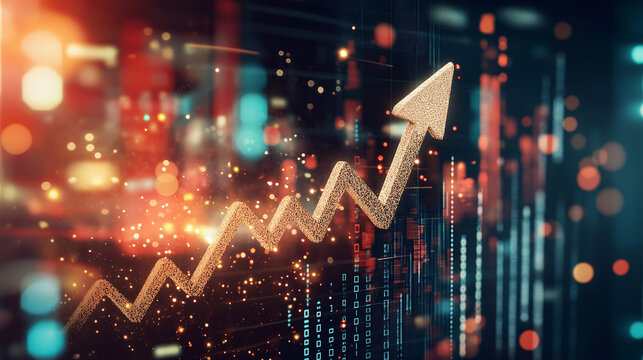 A winding arrow pointing upwards from left to right, a large winding arrow pointing upwards, a golden arrow with an upward trend, and a background of a virtual securities trading screen, 