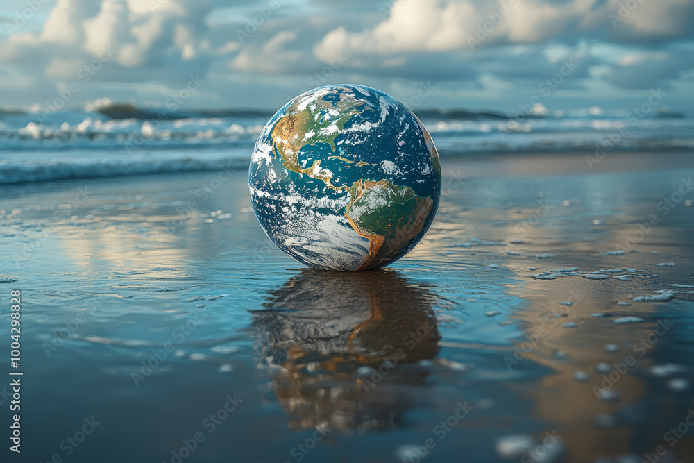 Poster a beach cleanup crew working on a small stretch of coast, with a large globe reflected in the ocean 