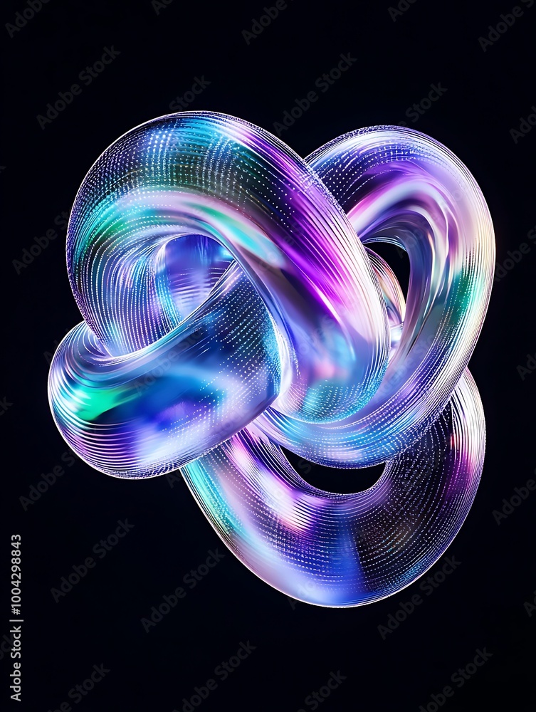 Poster colorful 3d abstract shape with smooth curves on a black background. a minimalist poster in metallic