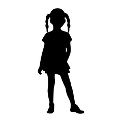 Silhouette of a little girl with pigtails on a transparent background