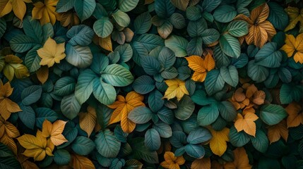 Fototapeta premium Vibrant autumn leaves texture with green, yellow, and orange foliage background