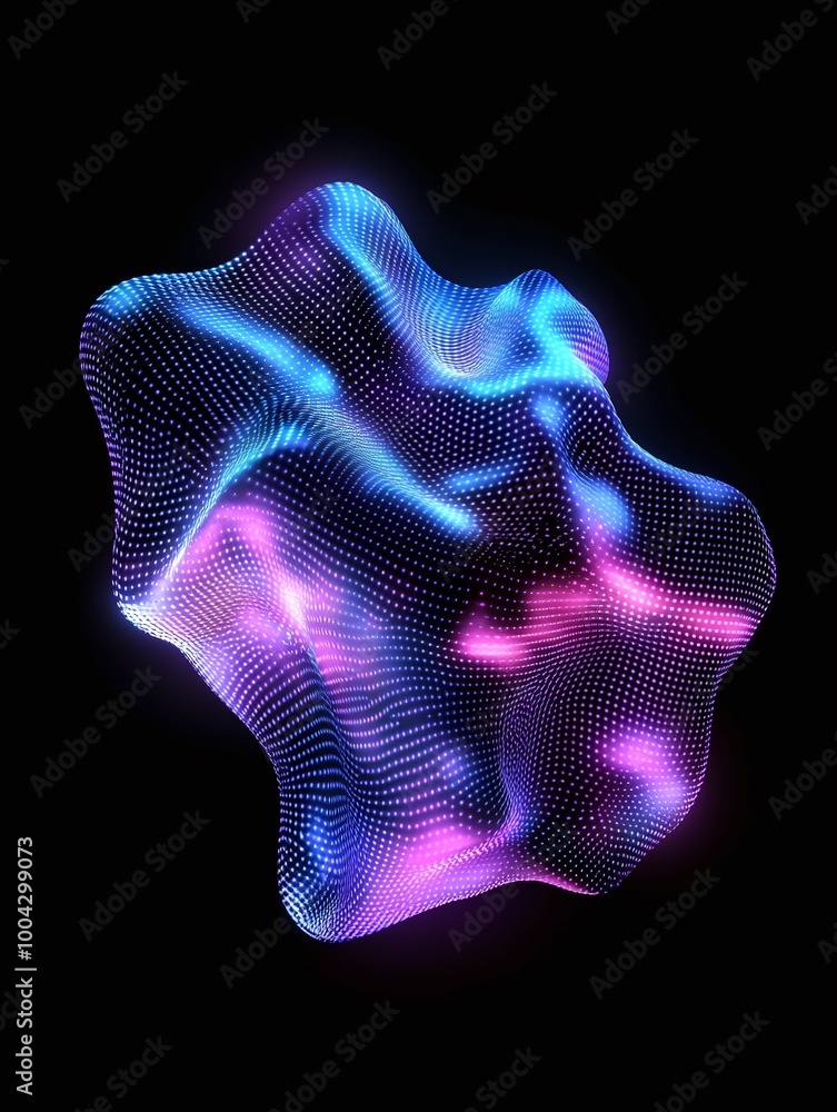Poster colorful abstract 3d rendering of a fluid shape with glowing lights against a dark background. a min