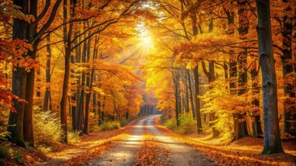 Fototapeta premium Vibrant October Day Autumn Forest Scenery with Golden Foliage Road and Warm Illumination
