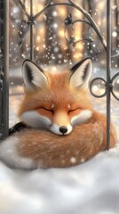Fototapeta premium A red fox lies comfortably in the snow inside its enclosure, with a person capturing its beauty through a window, surrounded by a winter landscape.