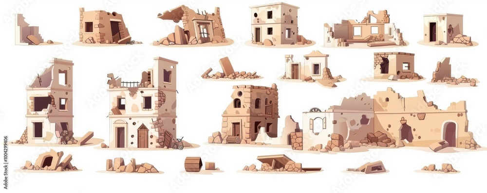 Poster a collection of ruined buildings showcasing various architectural styles and weathered textures, per