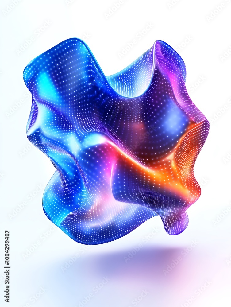 Poster colorful abstract 3d shape with glowing mesh patterns, set against a white isolated background. a mi