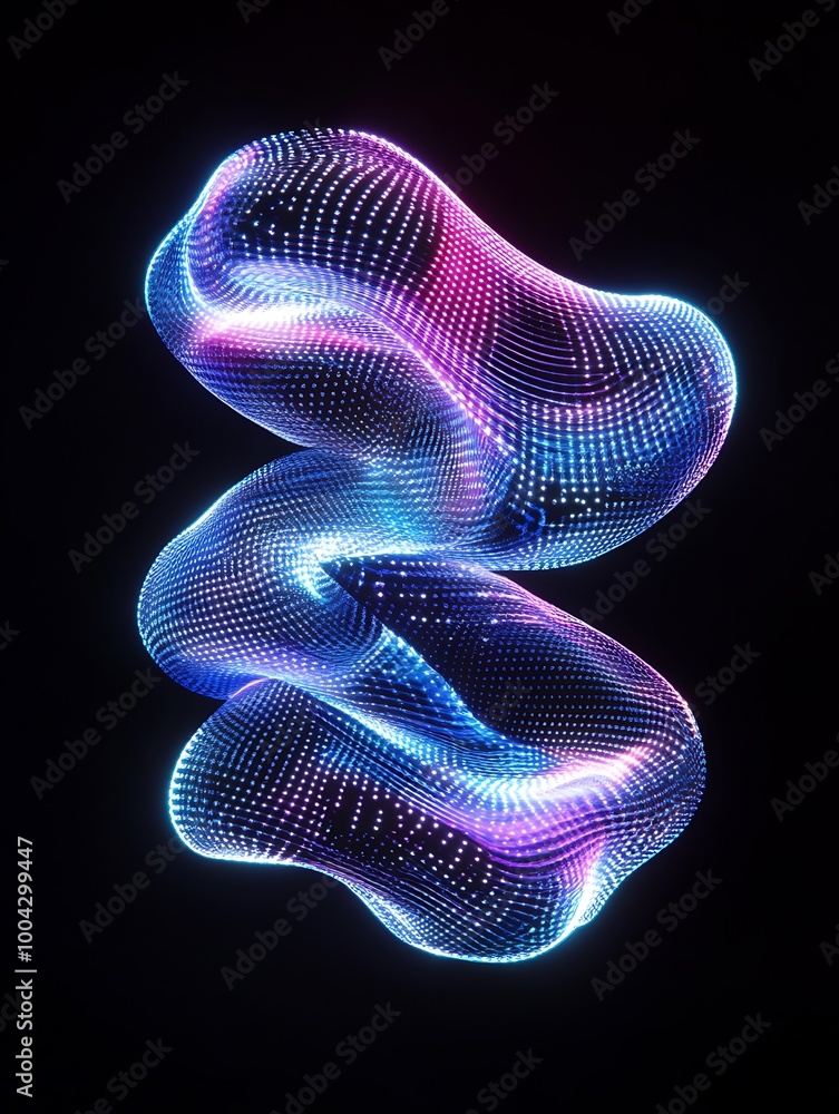 Poster colorful abstract 3d shape with glowing light patterns on a black background. a minimalist poster in