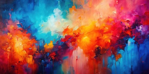 Fototapeta premium Vibrant Abstract Painting in Blue, Pink, Red, and Orange Hues for Modern D?cor