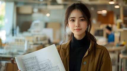 A young woman holding architectural blueprints in a modern workspace, showcasing creativity and professionalism in design.