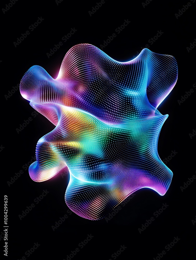 Poster colorful abstract 3d shape with vibrant patterns and glowing effects on a black background. a minima