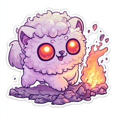 Cute Fluffy Creature with Fiery Eyes by Campfire