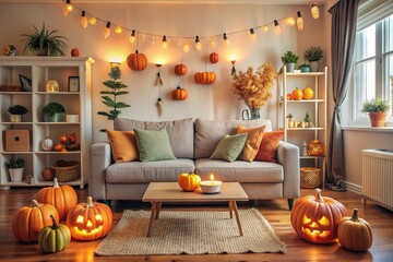 Interior of living room with the decorations for Halloween