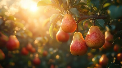 ripe pears dangle gracefully from branches in a sunlit harvest garden surrounded by lush greenery and dappled sunlight highlighting the fruits golden hues amidst a tranquil serene environment