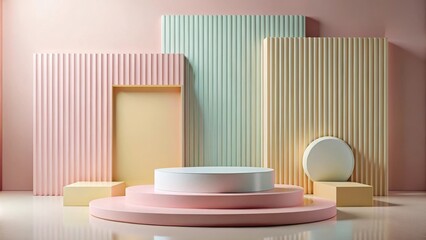 Abstract geometric shapes exhibition podium with product presentation platform on pastel background for artistic showcase event marketing backdrop design art display interior decor