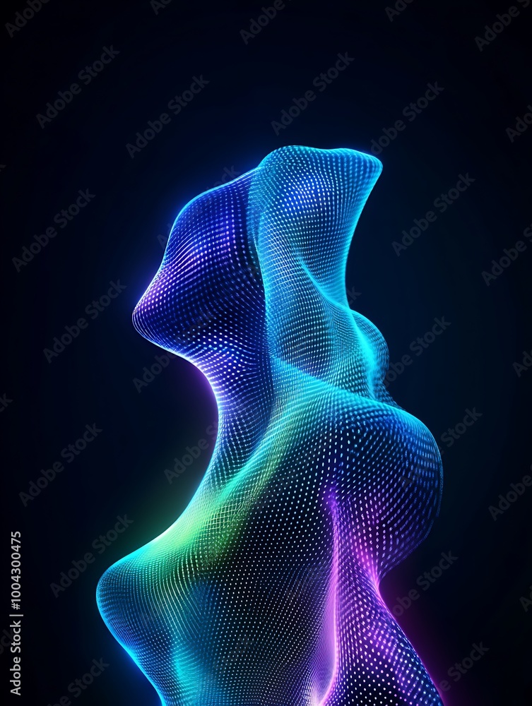Poster colorful abstract figure made of glowing dotted mesh on a dark background. a minimalist poster in me