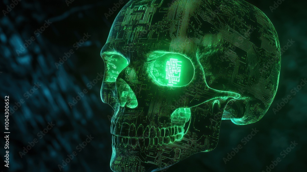 Poster Electronic skull bathed in green neon lights