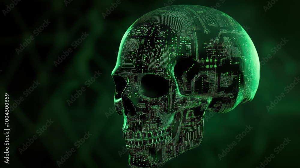 Poster Digital skull immersed in glowing green circuits