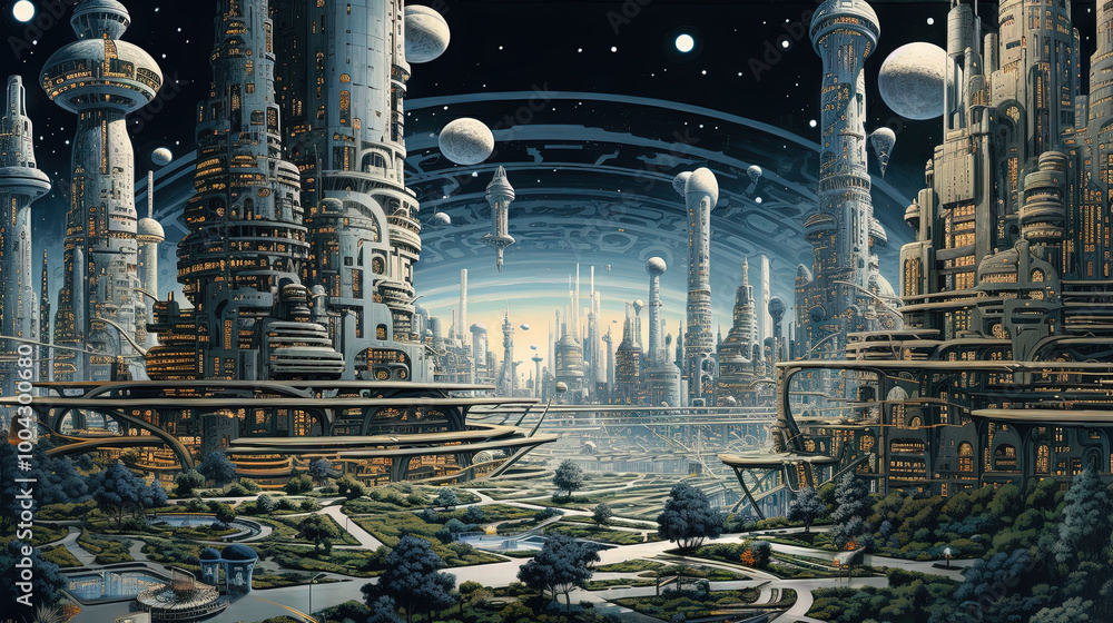Poster futuristic cityscape scene with tall buildings and a long, empty street. abstract sci-fi background.
