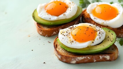 Sliced Avocado on Toasted Sourdough with Poached Eggs on Minimalist Green Background