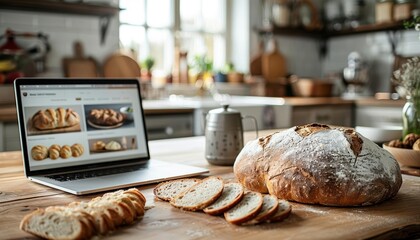 Rustic kitchen scene featuring a loaf of bread and a laptop displaying delicious recipes, perfect for culinary inspiration.
