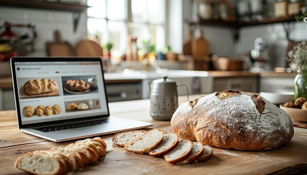 Rustic kitchen scene featuring a loaf of bread and a laptop displaying delicious recipes, perfect for culinary inspiration.