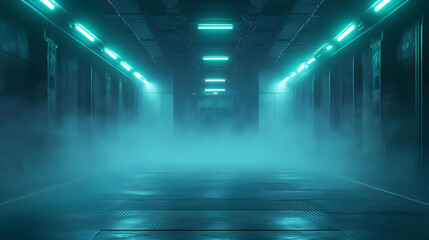 Futuristic Sci-Fi Corridor with Cyan Neon Lights 3D Illustration