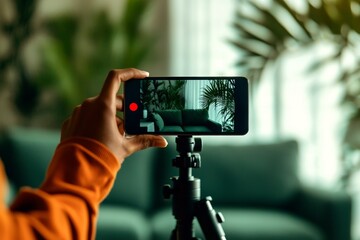 Person recording a video with smartphone on tripod in cozy living room.