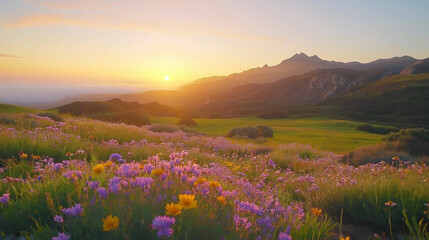 Obraz premium Rolling hillside landscape at sunrise, with colorful wildflowers blooming, powerful mountain backdrop, and neutral tones in the morning fog.