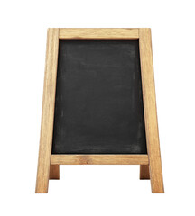 A blank blackboard or chalkboard with wooden frame and legs on transparent PNG or white background.