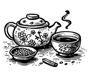 asian tea ceremony essentials vector sketch