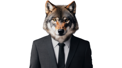 A gray wolf looking up in the snow against a white backdrop