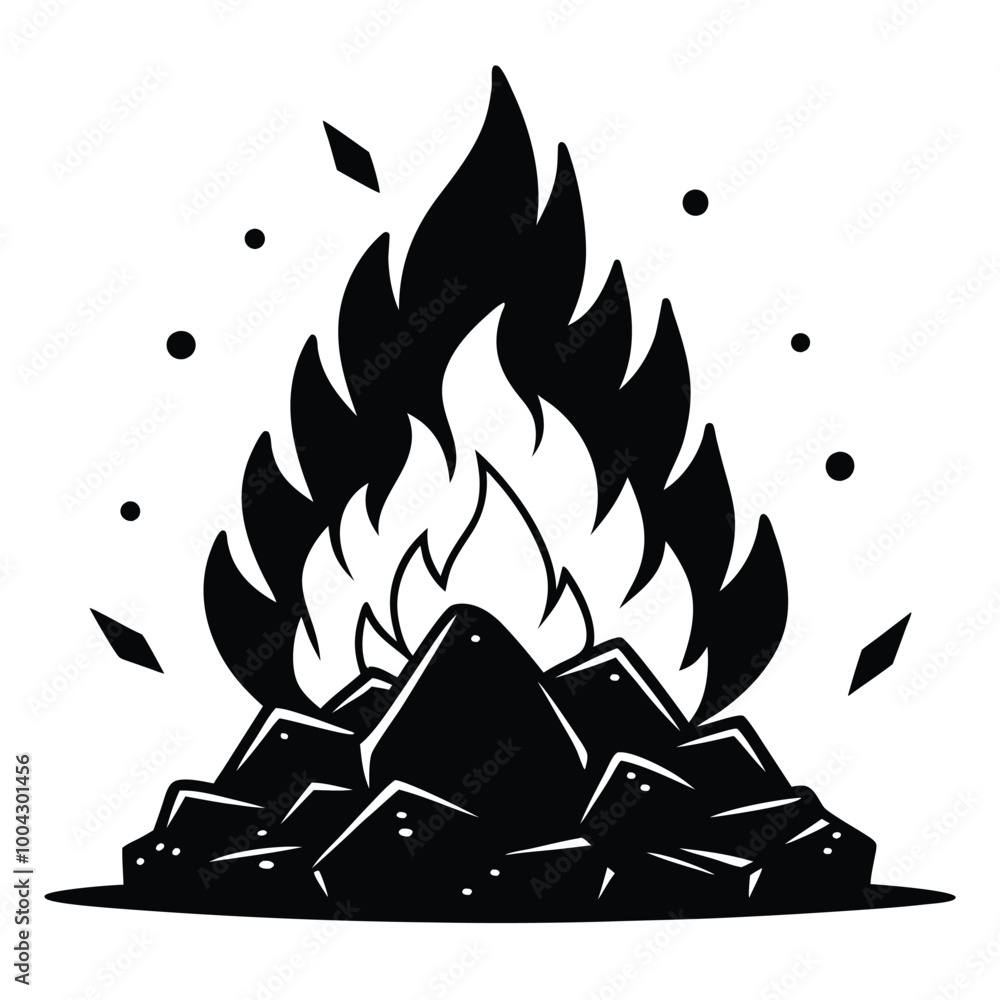 Wall mural a black and white drawing of a fire with a pile of rocks on the background