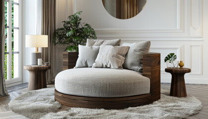 Stylish modern armchair with soft cushions, perfect for a cozy living room setting with natural light and elegant decor.
