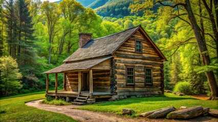 Obraz premium Rustic log cabin nestled in the tranquil Great Smoky Mountains National Park setting