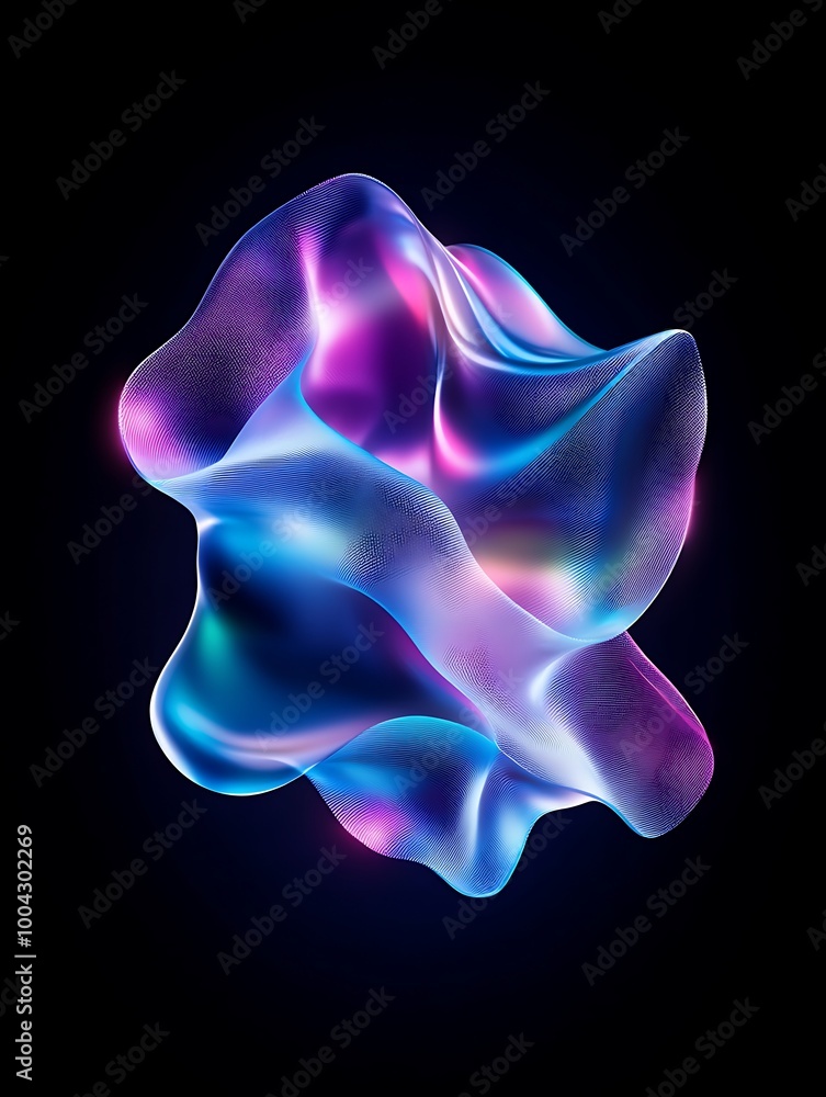 Poster colorful abstract shape with flowing contours on a black background, showcasing vibrant hues and smo