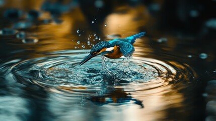 Capturing a vibrant kingfisher just before it hits the water surface, ripples forming, dynamic wildlife action shot