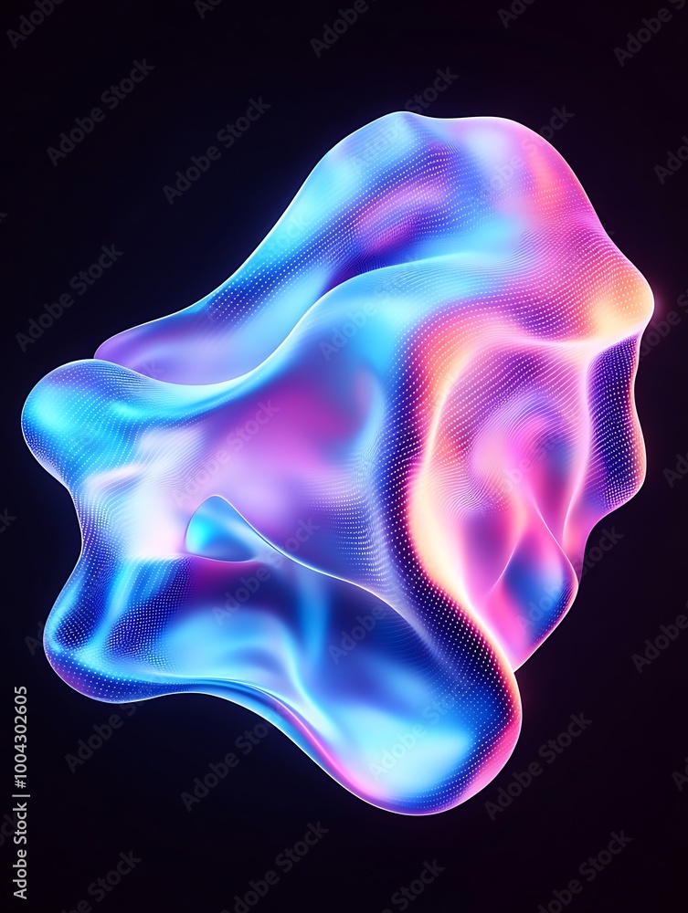 Poster colorful abstract shape with flowing curves and smooth surfaces on a dark background. a minimalist p