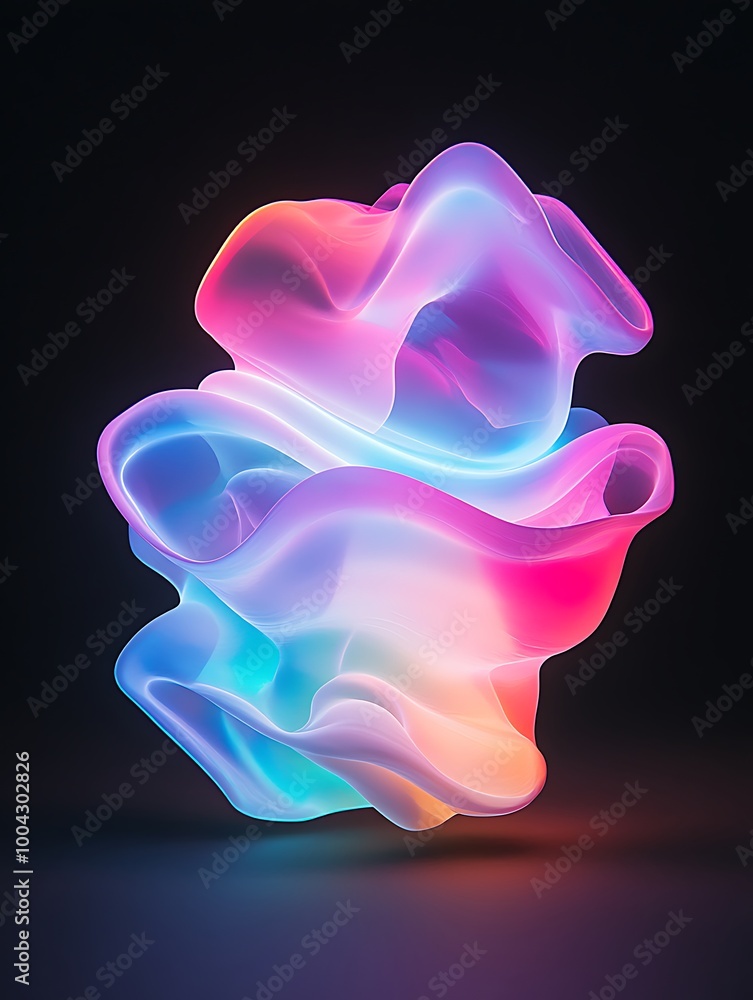 Poster colorful abstract shape with fluid curves, glowing in a dark background, creating a vibrant and dyna