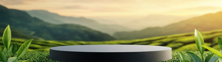 Obraz premium Elegant black podium set against a lush tea farm landscape, showcasing a serene blend of nature and refined presentation.