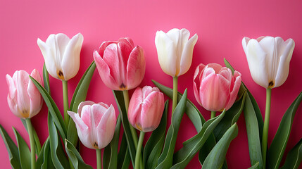 Fototapeta premium pink and white tulips isolated pink background