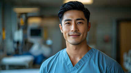 Fototapeta premium Confident male nurse in scrubs smiling in a modern hospital setting, showcasing professionalism and care for patients.