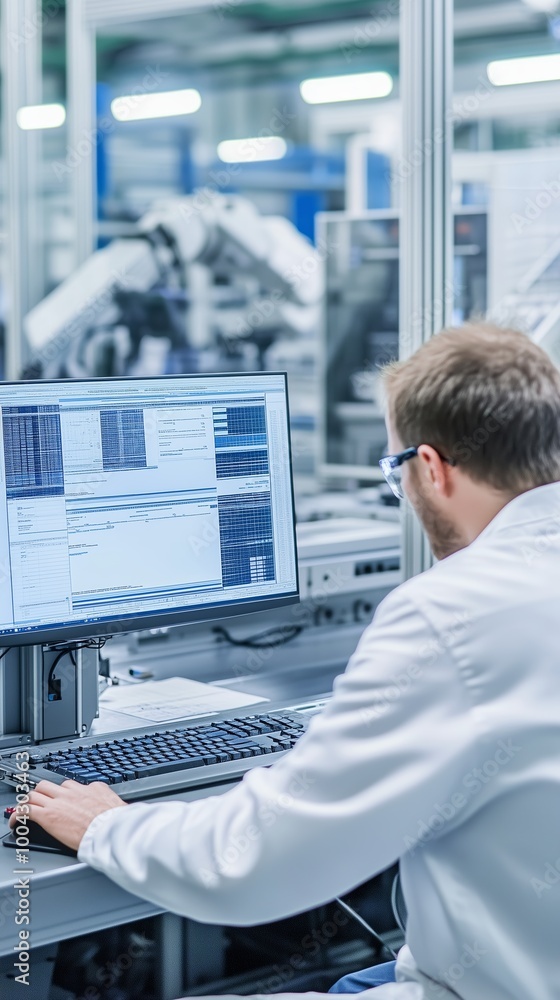 Poster researcher in a laboratory monitoring data on a computer screen during a technology development sess